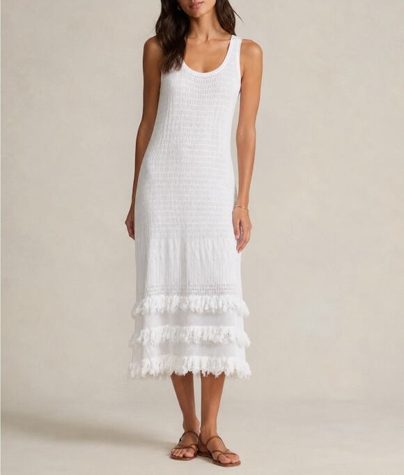 Lauren Ralph Lauren Dresses & Skirts - Lauren Ralph Lauren Knit Fringe Hem Midi Dress White Sz Medium Coastal
